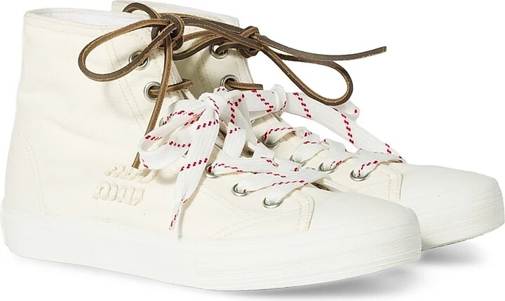 Women's Washed Denim High-Top Sneakers - Beige Khaki - Size 8 - Image 2