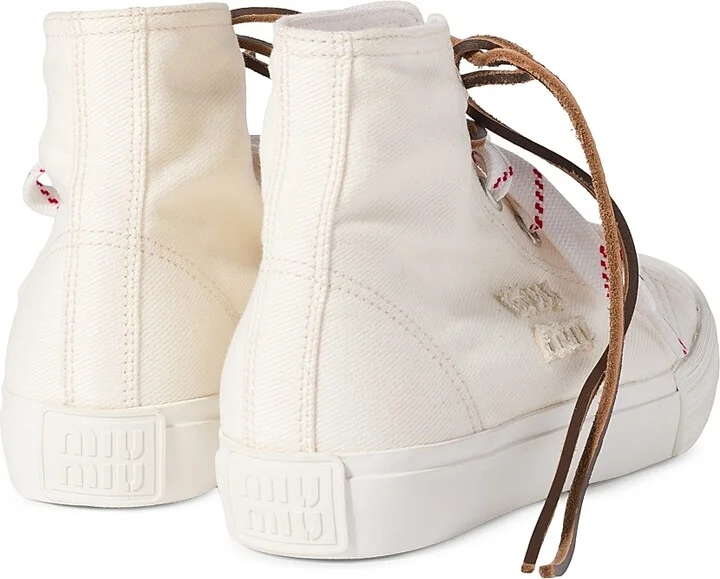 Women's Washed Denim High-Top Sneakers - Beige Khaki - Size 8 - Image 3