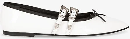 Womens White Bow-Embellished Buckled Leather Ballet Flats Eur 40 / 7 Uk Women