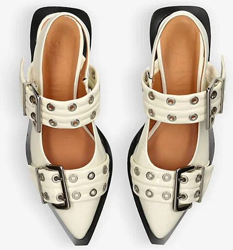 Womens White Buckle-Embellished Slingback Leather Ballet Flats Eur 40 / 7 Uk Women - Image 2