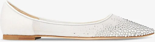 Womens White/Crystal Love Crystal-Embellished Mesh Flats Eur 34 / 1 Uk Women
