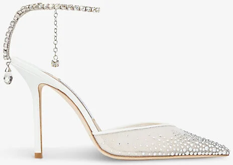 Womens White/Crystal Saeda 100 Crystal-Embellished Mesh Heeled Courts Eur 35 / 2 Uk Women
