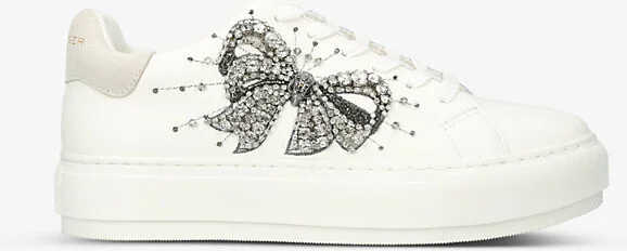 Womens White Laney Bow Crystal-Embellished Leather Flatform Low-Top Trainers Eur 40 / 7 Uk Women
