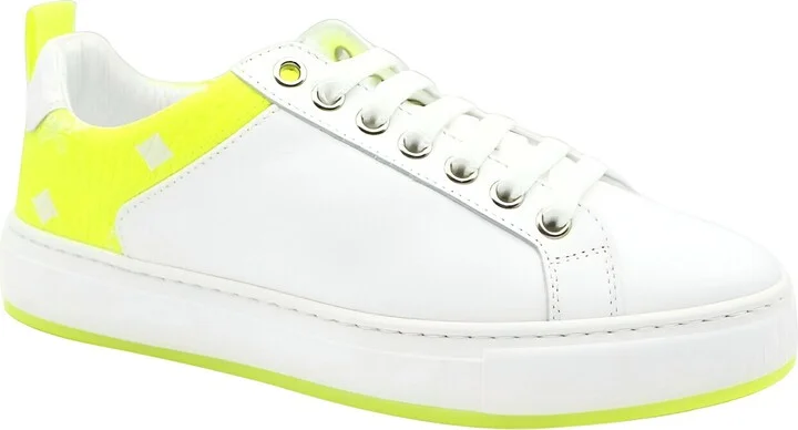 Women's White Leather Neon Green Logo Trim Low Top Sneaker (37 EU / 7 US)