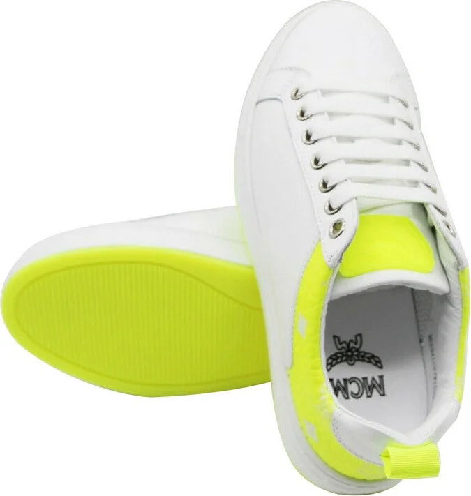 Women's White Leather Neon Green Logo Trim Low Top Sneaker MES9ALC67WT (37 EU / 7 US) - Image 5