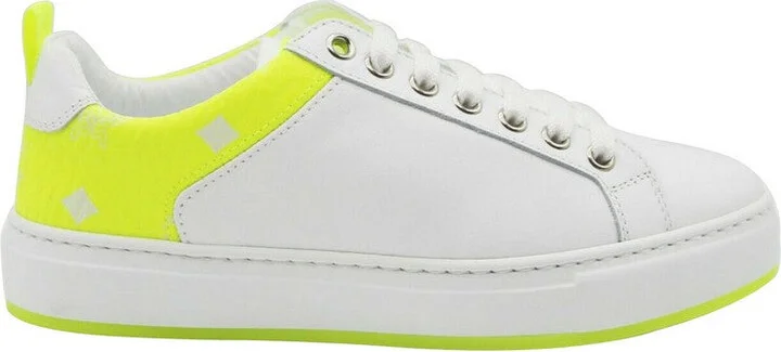 Women's White Leather Neon Green Logo Trim Low Top Sneaker MES9ALC67WT - Image 2