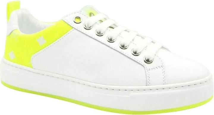 Women's White Leather Neon Green Logo Trim Low Top Sneaker MES9ALC67WT