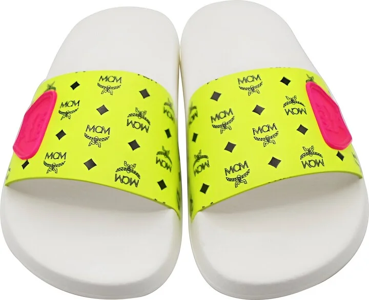 Women's White / Neon Yellow Logo Leather Rubber Slides Sandals (36 EU / 6 US) - Image 4