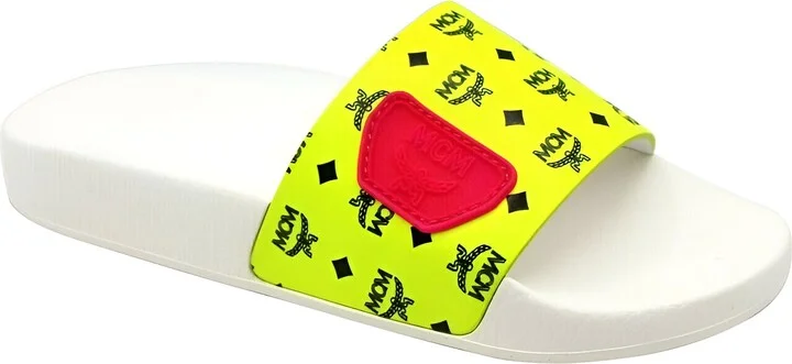 Women's White / Neon Yellow Logo Leather Rubber Slides Sandals (36 EU / 6 US)