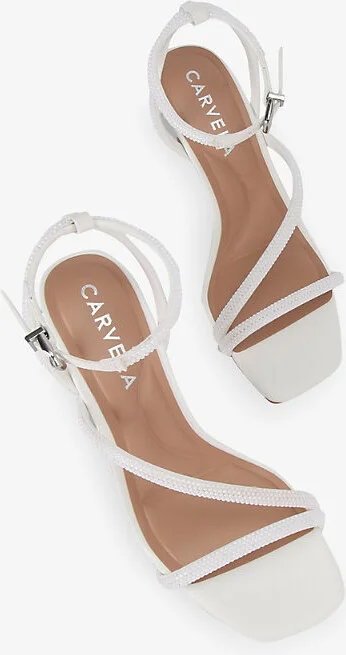 Womens White Paparazzi Low Bead-Embellished Faux-Leather Heeled Sandals Eur 39 / 6 Uk Women - Image 2