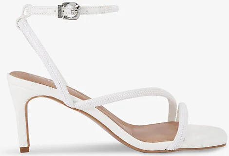 Womens White Paparazzi Low Bead-Embellished Faux-Leather Heeled Sandals Eur 39 / 6 Uk Women
