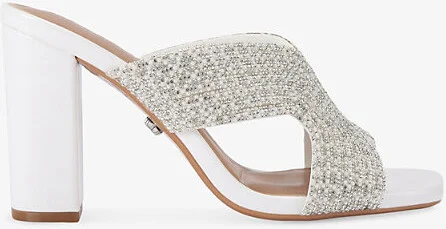 Womens White Paparazzi Pearl-Embellished Faux-Leather Block-Heel Sandals Eur 40 / 7 Uk Women