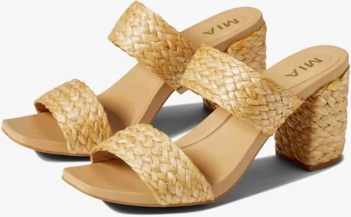 Women's Wide Strap Straw Heels Sandal In Tan