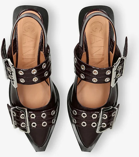 Womens Wine Buckle Ballerinas Faux Patent-Leather Flat Shoes Eur 39 / 6 Uk Women - Image 2