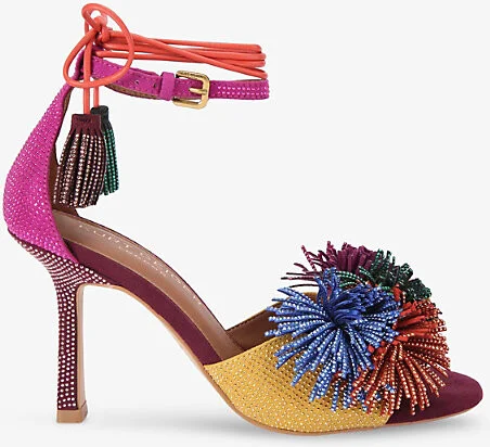 Womens Wine Comb Pom Pom Suede Heeled Sandals Eur 39 / 6 Uk Women