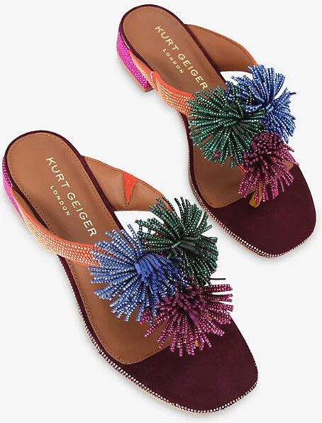 Womens Wine Comb Pom Pom Suede T-Bar Sandals Eur 40 / 7 Uk Women - Image 2