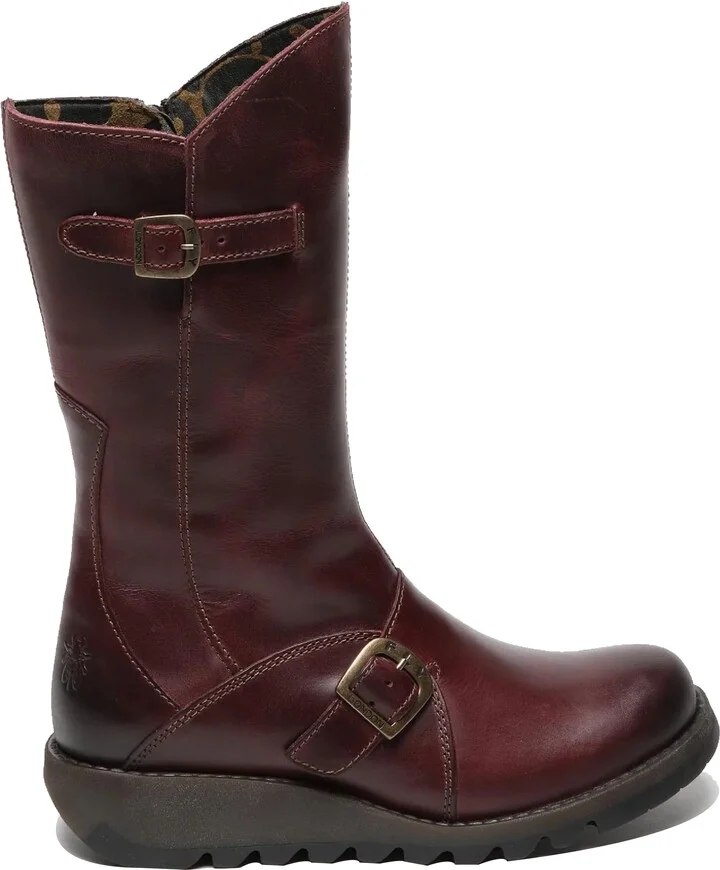 Womens Wine MES 2 Wedge Heel Buckle Mid-Calf Leather Zip Platform Boots