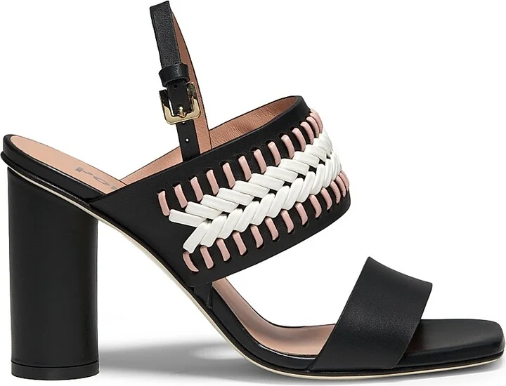 Women's Woven Leather 85MM Cylinder Heel Sandals - Black - Size 10