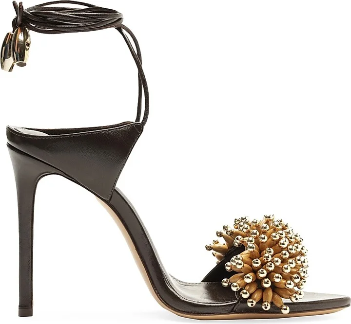 Women's Zaya 100MM Embellished Leather Ankle-Wrap Sandals - Dark Brown - Size 6