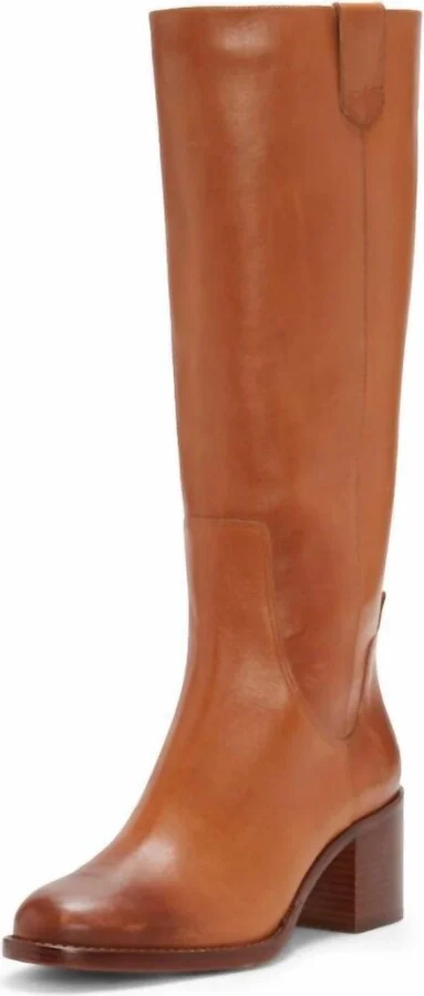 Women's Zemmy Leather Knee High Block Heel Comfortable Boots In Light Cognac