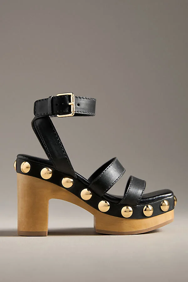 Wood-Bottom Studded Platform Sandals