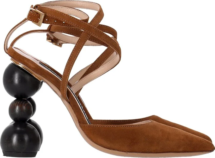 Wooded Heel Slingback Pumps in Brown Suede