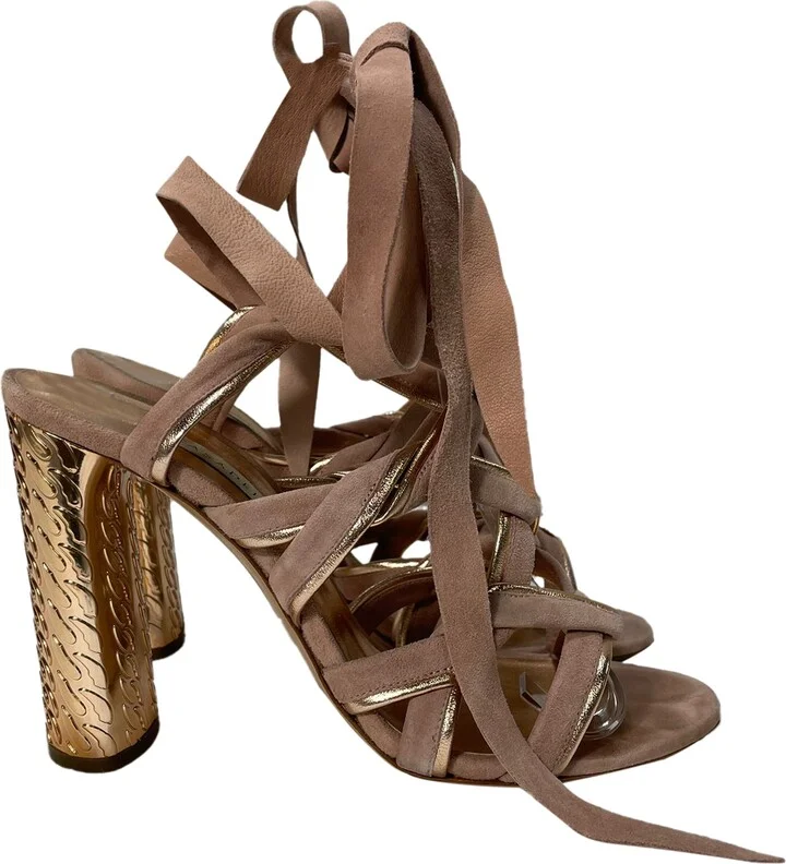 Wrap Around Textured Heel Sandals in Rose Pink Suede