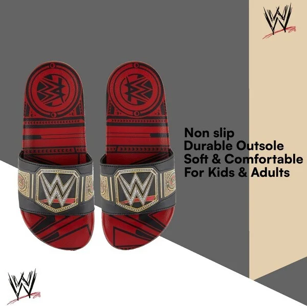 WWE Mens Championship Belt Slides - John Cena, Roman Reigns, Seth Rollins World Wrestling Champion Belt Slip On Slide Sandals (Red Black, ) - Image 2