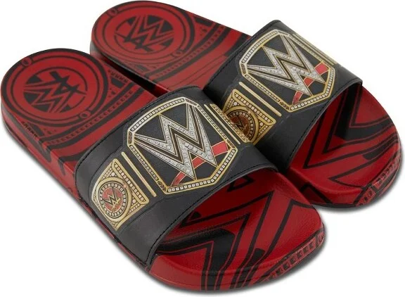 WWE Mens Championship Belt Slides - John Cena, Roman Reigns, Seth Rollins World Wrestling Champion Belt Slip On Slide Sandals (Red Black, )