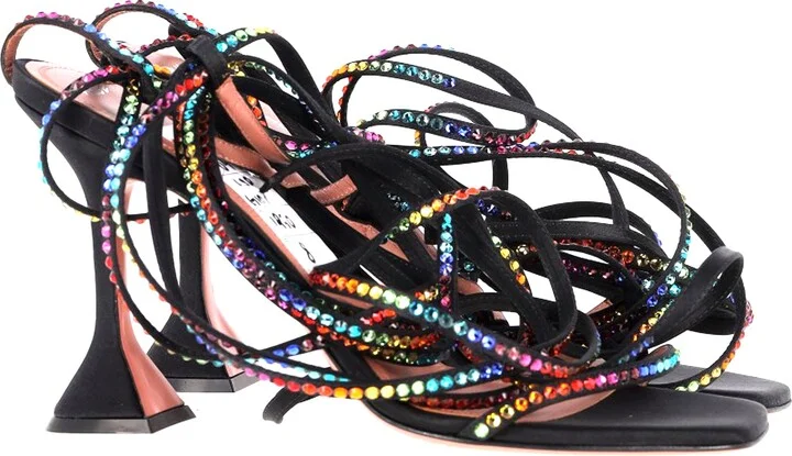 x AWGE LSD Gladi Crystal Jewel Embellished Lace Up High Heels Sandals in Black Satin