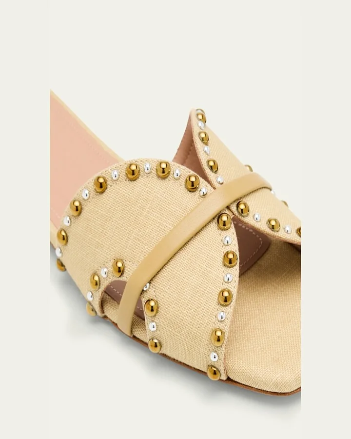 x Tabitha Simmons Keke Studded Linen Flat Slide Sandals - Image 2