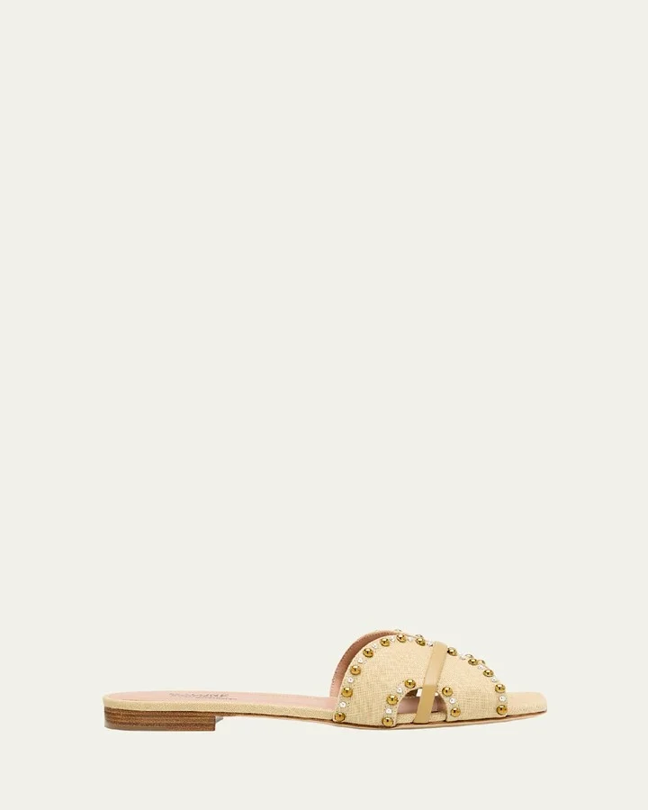 x Tabitha Simmons Keke Studded Linen Flat Slide Sandals