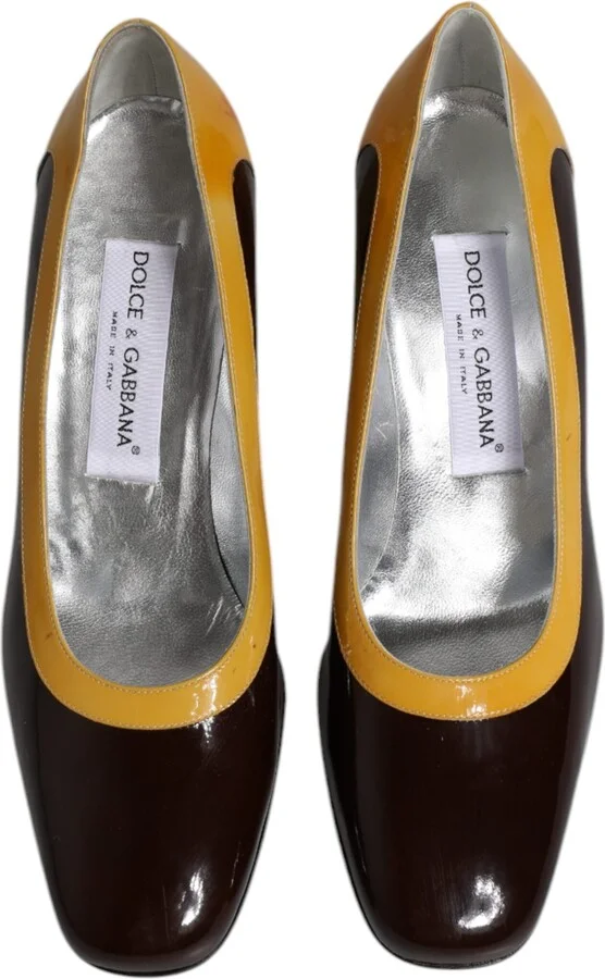 Yellow Brown Leather Block Heel Pumps Women's Shoes (Pre-Owned) - Image 3