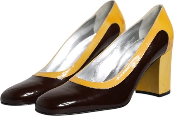 Yellow Brown Leather Block Heel Pumps Women's Shoes (Pre-Owned) - Image 4