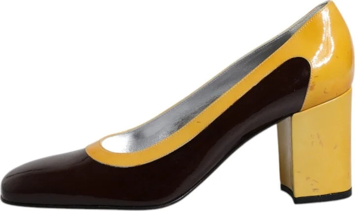 Yellow Brown Leather Block Heel Pumps Women's Shoes (Pre-Owned) - Image 6