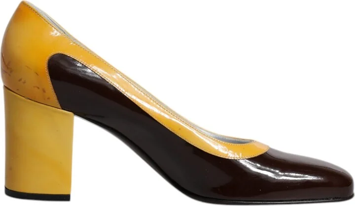 Yellow Brown Leather Block Heel Pumps Women's Shoes (Pre-Owned)