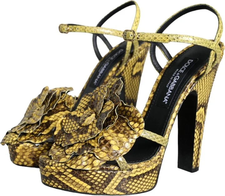 Yellow Exotic Leather Ankle Strap Heels Sandals Women's Shoes - Image 3