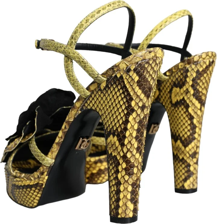 Yellow Exotic Leather Ankle Strap Heels Sandals Women's Shoes - Image 4