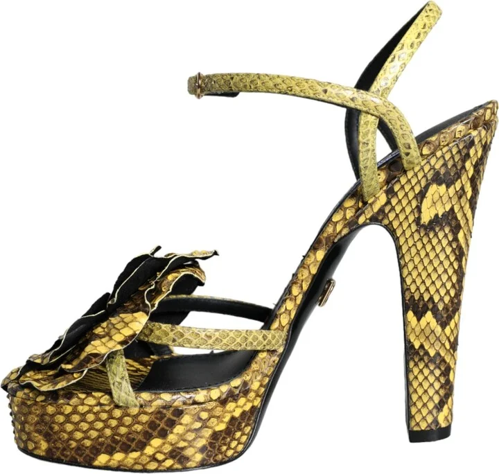 Yellow Exotic Leather Ankle Strap Heels Sandals Women's Shoes - Image 5