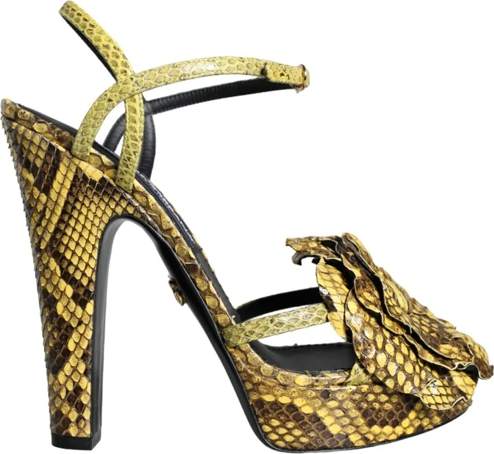 Yellow Exotic Leather Ankle Strap Heels Sandals Women's Shoes