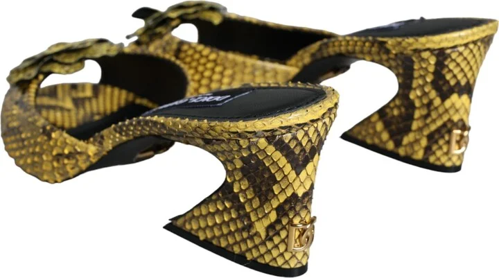 Yellow Leather Block Heels Slides Women's Shoes - Image 4