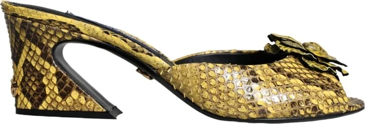 Yellow Leather Block Heels Slides Women's Shoes