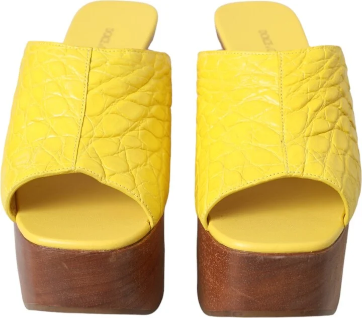 Yellow Leather Wood Mule Wedge Slides Women's Shoes - Image 2