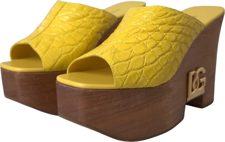 Yellow Leather Wood Mule Wedge Slides Women's Shoes - Image 3