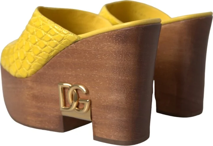 Yellow Leather Wood Mule Wedge Slides Women's Shoes - Image 4