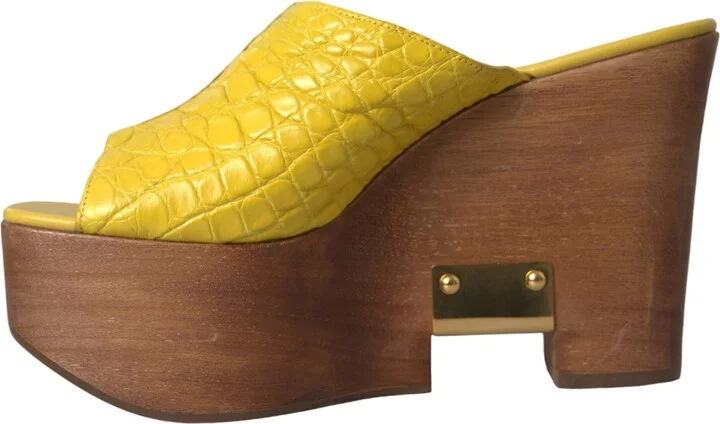 Yellow Leather Wood Mule Wedge Slides Women's Shoes - Image 5