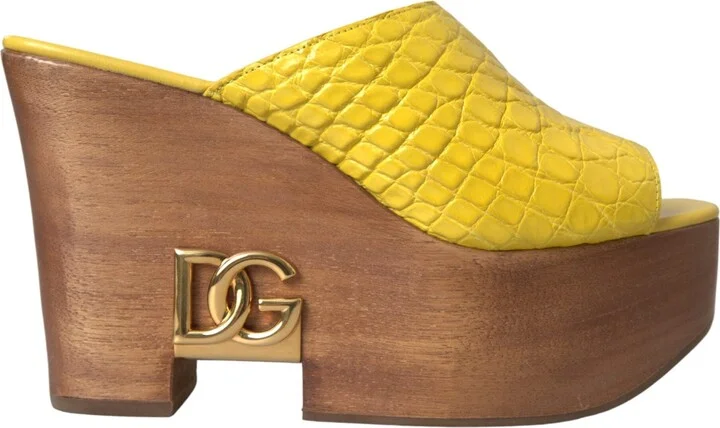 Yellow Leather Wood Mule Wedge Slides Women's Shoes