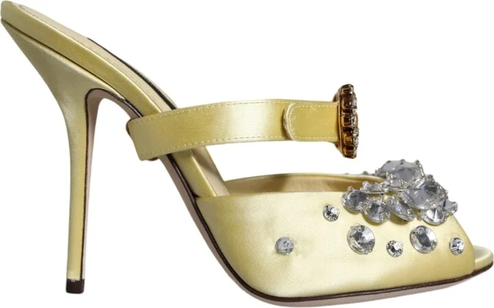 Yellow Mary Janes Satin Crystal Sandals Women's Shoes