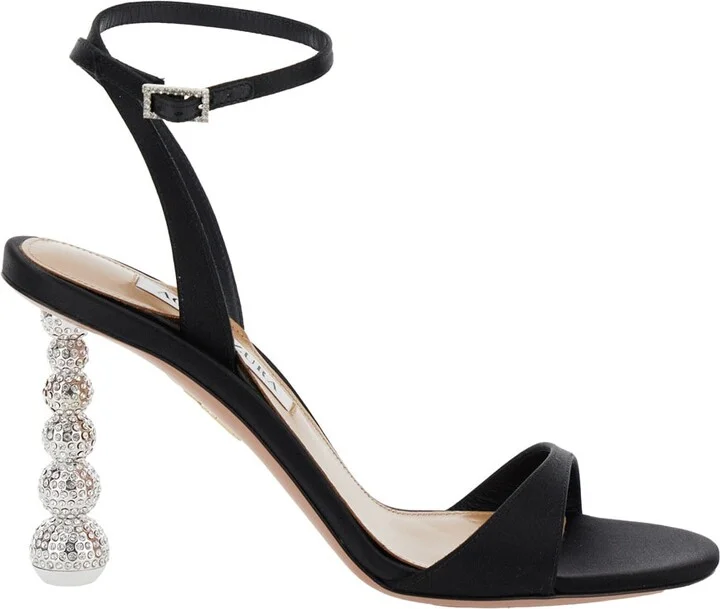 'yes Baby' Black Strappy Sandals With Sculptural Heel In Satin Woman