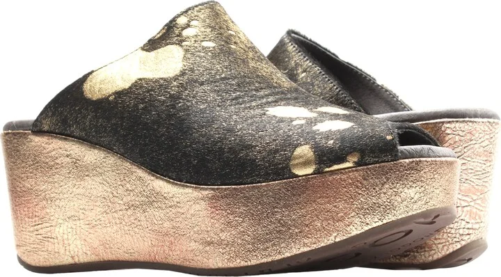 Yiona Pony Peep Toe Wedge Black Gold Pony Hair Women's Sandal